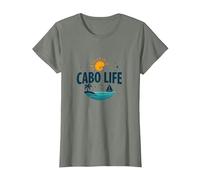 Logotipo de Cabo Life: Tropical Beach Vacation Sunset Camiseta, Mujer, Verde Militar Jaspeado, L
