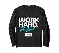 Logotipo de Real - Work Hard Be Kind en Blanco y Aguamarina Manga Larga