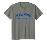 Logotipo de Texto de la Escuela Secundaria Hawkins de Stranger Things Camiseta, Niños, Verde Militar Jaspeado, 4 años
