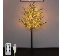LOGT Árbol de olivo artificial de 180 cm, 300 ledes, luz blanca cálida, USB con mando a distancia, 8 modos de luz, árbol decorativo, plantas verdes artificiales, para Navidad, bodas, fiestas, 180 cm