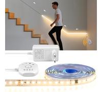 LOGT Tira LED con Detector de Movimiento y Sensor de Luz, Blanco Cálido 3000K Tira de Luces LED Regulable Interruptor y Enchufe, Modo de Luz Continua Activado por Movimiento Modo Nocturno,5m