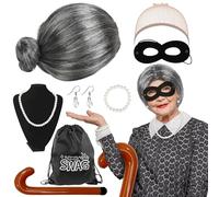 LOHAME 9 piezas para disfraz de abuela, disfraz de abuela, accesorio para disfraz de abuela, peluca con máscara para ojos, saco de dinero, hinchable, cadena de perlas, pulsera, pendientes, disfraz de