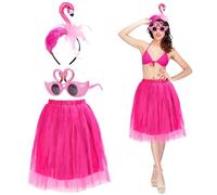 Lohame - Juego de 3 trajes de flamencos para mujer, accesorio de disfraz hawaiano, kit de trajes de falda rosa, diadema de flamenco, rosa, gafas de sol para adultos, disfraz de cosplay