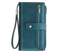 Lohom - Cartera para mujer de gran formato, cartera para mujer, piel sintética, estilo vintage, billetera RFID, carteras y titular de tarjetas con cremallera y tarjetas múltiples, Azul pavo real