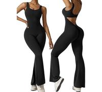 LOHXA Mono acampanado para mujer, todo en uno, con pierna ancha, espalda descubierta, espalda abierta, cuello cuadrado, bodycon, Negro, M