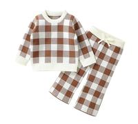 LOIJMK Conjunto de ropa para niña de invierno y pantalón de pantalón de punto redondo y pantalones de pierna ancha, traje de dos piezas, café, 9-12 meses