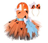 LOIJMK Disfraz de hombre de las cavernas para niños pequeños, disfraz de Halloween con hueso de perro, vestido de tul histórico para niña (naranja, 7-8 años)