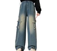 LOIJMK Girls Wide Leg Jeans New Spring Summer and Autumn Styles for Middle and Large Children Retro Five Pointed Star Wide Leg Straight Pants Trendy and Cool Loose Casual Trousers Babykleidung, azul