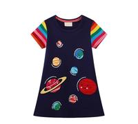 LOIJMK Primavera y verano espacio planeta patrón niña vestido de punto verano niños adolescentes, azul, 7-8 Años