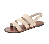 LOIJMK Sandalias de verano para mujer, estilo boca, talla grande, punta redonda, suela plana, correa al tobillo, sandalias casuales para mujer, zapatos elegantes negros con tacón, beige, 39 EU