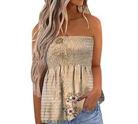 LOIJMK Top Damen Tunika Mode Plissee Tank Top Strapless Funky Sexy Camisole Bluse Frauen Gefalten Weste Schulterfrei Casual Crop Top Sommertop Vintage Tshirt Vest Mode Outdoor Streetwear Tops, caqui,