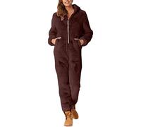 LOIJMK Traje de casa para mujer, de una pieza, con cremallera, mono de forro polar de peluche, mono de invierno con capucha, traje de jogging, color liso, pijama de una pieza, marrón, XXXL