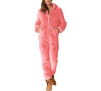 LOIJMK Traje de casa para mujer, de una pieza, con cremallera, mono de forro polar de peluche, mono de invierno con capucha, traje de jogging, color liso, pijama de una pieza, Rosa., S