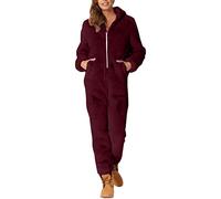 LOIJMK Traje de casa para mujer, de una pieza, con cremallera, mono de forro polar de peluche, mono de invierno con capucha, traje de jogging, color liso, pijama de una pieza, Vino, XXXXL