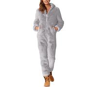 LOIJMK Traje de casa para mujer, de una pieza, con cremallera, mono de forro polar de peluche, mono de invierno con capucha, traje de jogging, color liso, pijama de una pieza, gris, XXXXXL