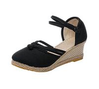 LOIJMK Zapatos de mujer Sandalias de lino Sandalias de cuña Sandalias de cuña Moda Versátil Hebilla Trenzada Transpirable Sandalias de Cuña Zapatos Mujer 80, Negro , 42 EU