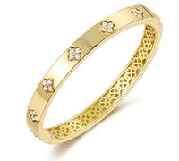 LOIPURI Moissanite Bangle Bracelets for Women, 14K Gold Plated Four Leaf Clover Bracelet with D Color VVS1 Moissanite, Lucky Jewelry Gift for Her 6.5in
