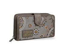 Lois - Cartera de Mujer Grande con Cierre Central de Cremallera, Monedero Tarjetero, Piel Eco, Cuero PU y Lona Bordada, Marrón, 16 x 9 x 2 cm