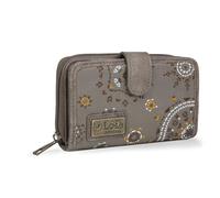 Lois - Cartera Estampada con Bordados para Mujer con Motivos Mandala Fabricada en Lona y Cuero PU con Cierre Cremallera y Botón 304414, Color Marrón