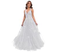 LOKAXXZU Vestidos de Fiesta de Tul Brillo para Mujeres 2023 v Cuello Apliques Vestidos de Pelota Largos Correas de Espagueti Vestido de Noche Formal