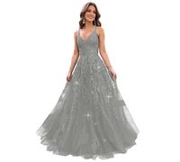 LOKAXXZU Vestidos de Fiesta de Tul Brillo para Mujeres 2023 v Cuello Apliques Vestidos de Pelota Largos Correas de Espagueti Vestido de Noche Formal