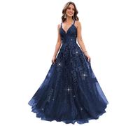 LOKAXXZU Vestidos de Fiesta de Tul Brillo para Mujeres 2023 v Cuello Apliques Vestidos de Pelota Largos Correas de Espagueti Vestido de Noche Formal