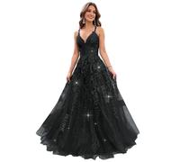 LOKAXXZU Vestidos de Fiesta de Tul Brillo para Mujeres 2023 v Cuello Apliques Vestidos de Pelota Largos Correas de Espagueti Vestido de Noche Formal