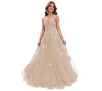 LOKAXXZU Vestidos de Fiesta de Tul Brillo para Mujeres 2023 v Cuello Apliques Vestidos de Pelota Largos Correas de Espagueti Vestido de Noche Formal