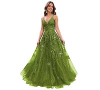LOKAXXZU Vestidos de Fiesta de Tul Brillo para Mujeres 2023 v Cuello Apliques Vestidos de Pelota Largos Correas de Espagueti Vestido de Noche Formal
