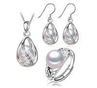 LOKILOKI Conjunto De Plata De Ley 925, Conjuntos De Joyas De Perlas De Agua Dulce para Mujer, Pendientes De Jaula, Conjunto De Collar, Anillo De Ajuste Vintage Hueco