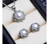 LOKILOKI Conjuntos De Joyas De Compromiso De Boda De Plata De Ley 925, Collares con Colgante De Perlas Naturales para Mujer, Pendientes De Esmeralda