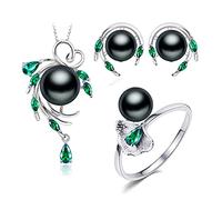 LOKILOKI Conjuntos De Joyas De Esmeralda De Plata De Ley 925, Pendientes De Perla Natural, Collar con Colgante Bohemio, Anillo De Piedras Verdes para Mujer