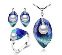 LOKILOKI Conjuntos De Joyas De Perlas Pendientes De Plata De Ley 925, Collar De Hojas De Perlas Naturales para Mujer Conjunto De Anillos De Pendientes De Cloisonné