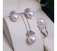 LOKILOKI Conjuntos De Joyas De Plata De Ley 925 Pendientes De Perla Natural Collar De Cadena con Colgante Bohemio Personalizado para Mujer Conjunto De Anillo