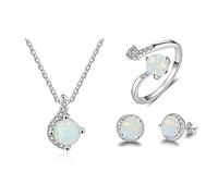 LOKILOKI Conjuntos De Joyas para Mujer Dainty 925 Plata De Ley Anillo De Ópalo Blanco Pendientes Collar De Cadena Conjuntos De Joyas De Boda