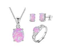 LOKILOKI Conjuntos De Joyería De Plata De Ley 925 para Mujer, Anillos De Ópalo Rosa Creados, Collares Pendientes, Aretes, Joyería Fina