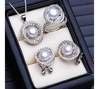 LOKILOKI Nuevos Conjuntos De Joyas De Perlas Naturales A La Moda, Collares con Colgante De Anillo De Plata De Ley 925 para Mujer, Pendientes Grandes De 8-9mm