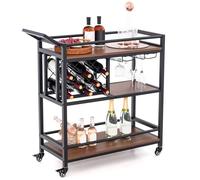 LOKO Carrito de bar industrial de 3 niveles, carrito de cocina móvil con estante para vino y soporte para vasos, carrito de servir rodante sobre ruedas para el hogar, cocina, comedor, sala de estar