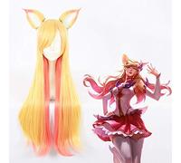 LOL Ahri Fox Star Guardian Larga Recta Rubia Rosa Mixta Resistente Al Calor Pelo Sintético Cosplay Halloween + Gorra de Peluca Gratis