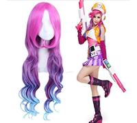 LOL Miss Fortune para mujer Pelucas de pelo largo y rizado ondulado Peluca de pelo sintético de 80 cm Rojo púrpura Azul degradado Multicolor Juego PL-351