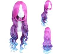 LOL Miss Fortune para mujer Pelucas de pelo largo y rizado ondulado Peluca de pelo sintético de 80 cm Rojo púrpura Azul degradado Multicolor Juego