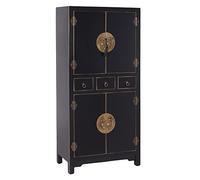 LOLAhome - Armario de Madera Negro con 3 Cajones y 4 Puertas Oriental 63x33x131 cm. Mueble Funcional y Elegante con Tiradores de Hoja Planos. Aporta Personalidad y Estilo a tu Hogar.