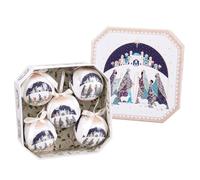 LOLAhome Caja Blanca de 5 Bolas Blancas y Azules de árbol de Navidad para decoración navideña Elegante | Caja Decorada con Reyes Magos con 5 Adornos para árbol de Navidad Redondos de 7,5 cm