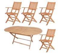 LOLAhome Conjunto de jardín Resistente y Plegable para 4 pers. | Mesa Ovalada 140x85 cm y 4 Sillas con reposabrazos |De Madera natual sostenible de Acacia FSC | para Exterior, jardín, terraza| Kate