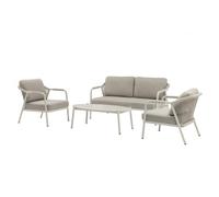 LOLAhome Conjunto Exterior Deluxe Tanya, Beige, Aluminio y Cuerda | Sofá, 2 Sillones y mesa de centro porcelánica. Diseño elegante y relax. Tratamiento Epoxi para exterior.