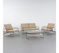 LOLAhome Conjunto Jardin Vesta con Sofá, Mesa y 2 Sillones, Gris | Mesa de Acero y Cristal. Cojines desenfundables. Tratamiento epoxi para exteriores. Relax en Exterior, terraza y patio.