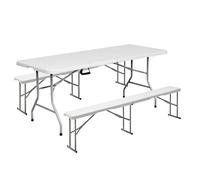 LOLAhome Conjunto Mesa 180 cm y 2 Bancos Plegable, de Acero Anticorrosión y HDPE | Resistente, fácil Transporte, fácil Montaje | Ideal Acampadas, Picnic, Catering, Jardín, Terraza