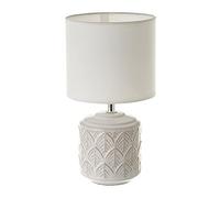 LOLAhome - Lámpara de mesa cilíndrica de 15x28cm | Lámpara para mesita de noche con hojas de cerámica blanca y beige y pantalla de lino (Beige) E14