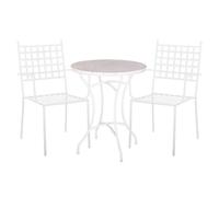 LOLAhome Mesa mármol y 2 Sillas Exterior Cartago Blanco, Contract | Estilo hierro forjado. Mesa Ø60x72 cm. Sillas 56x61x90 cm Contract, Resistentes, Apilables y con brazos. Epoxi para exterior.