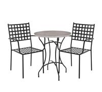 LOLAhome Mesa mármol y 2 Sillas Exterior Cartago Negro, Contract | Estilo hierro forjado. Mesa Ø60x72 cm. Sillas 56x61x90 cm Contract, Resistentes, Apilables y con brazos. Epoxi para exterior.